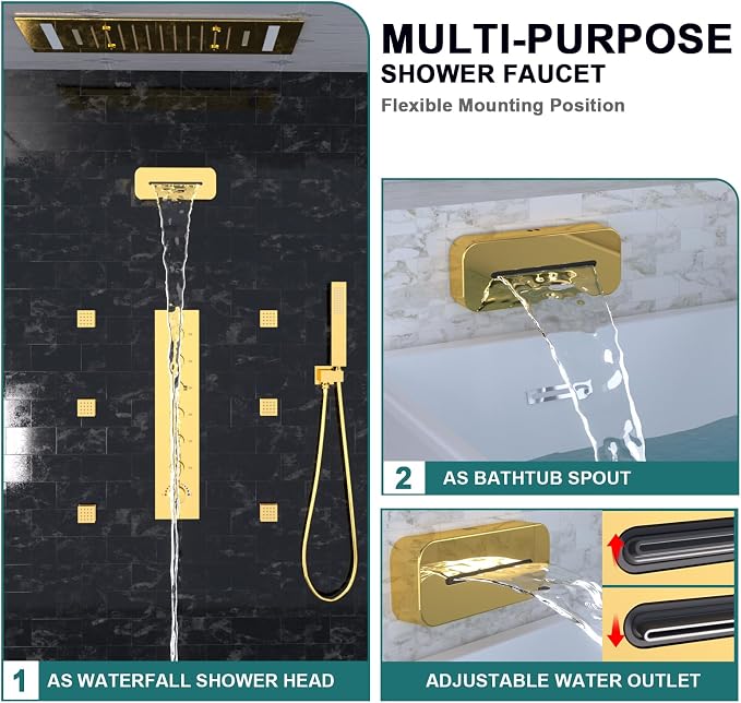 HOMEDEC LED Thermostatic Shower System with 6 Body Jets, 14x20" Shower Head | 3 Spray Modes: Rainfall, Mist and Waterfall; Up/Down Shower Spout; Handheld Shower; 6-Way Solid Brass Valve; Gold Finish