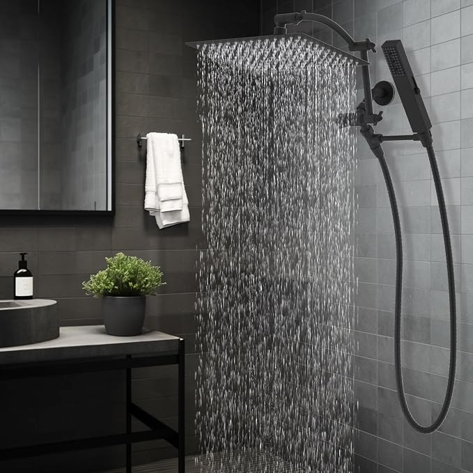 Hibbent All Metal CUPC Certified 12'' Rainfall Shower Head, Dual Shower Head Combo, High Pressure Handheld 4 Sprays Shower Wand, 16'' Adjustable Extension Arm, 71'' Hose, Shower Holder, Matte Black