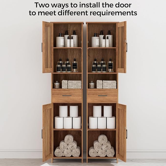 Homhedy 67" H Tall Bathroom Storage Cabinet with Barn Doors and Drawer | Narrow Storage Unit with Adjustable Shelves, Floor Cabinet for Bathroom, Living Room, Entryway,Kitchen,Rustic Walnut, 15.7" W