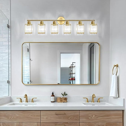 6 Light Bathroom Light Fixtures, Modern Crystal Vanity Lights over Mirror | Metal Frame, Bathroom Light with Square Crystal Shade, ETL Certified, E26 Ceramic Socket, Bulbs Not Included