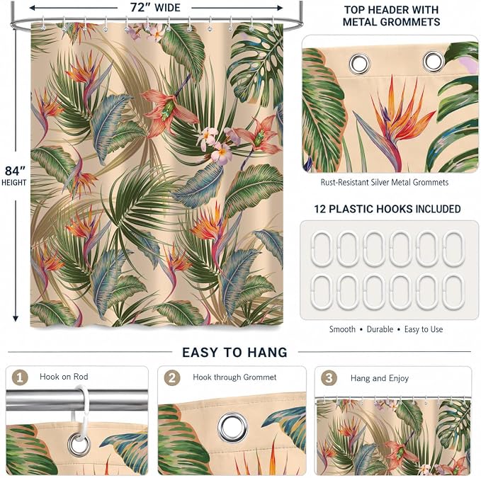 Tropical Shower Curtain, Colourful Leaves Floral Palm Leaf Hawaiian Botanical Plant Bathroom Decor, Waterproof Cloth Fabric Bath Curtain with Hooks 72 x 84 inch