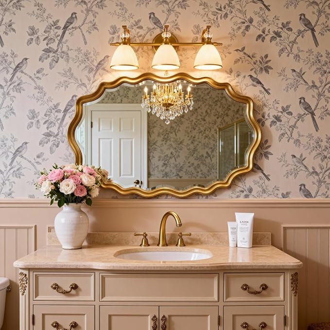 Bathroom Light Fixture, 3-light Brass Vanity Light, Vintage Bathroom Lights Over Mirror with Crystal Beads, Wall Sconce Lighting with Frosted Milky Glass Shade, E26 Base (Bulbs Not Included)