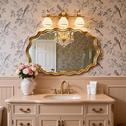 Bathroom Light Fixture, 3-light Brass Vanity Light, Vintage Bathroom Lights Over Mirror with Crystal Beads, Wall Sconce Lighting with Frosted Milky Glass Shade, E26 Base (Bulbs Not Included)