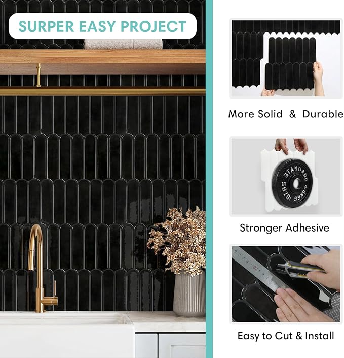 Commomy Thicker Black Peel and Stick Backsplash - 10 pcs of 12" x 12" - 3D Adhesive Peel and Stick Tiles Backsplash for Kitchen, Bathroom, Removable, Waterproof, Vinyl Wall Tile