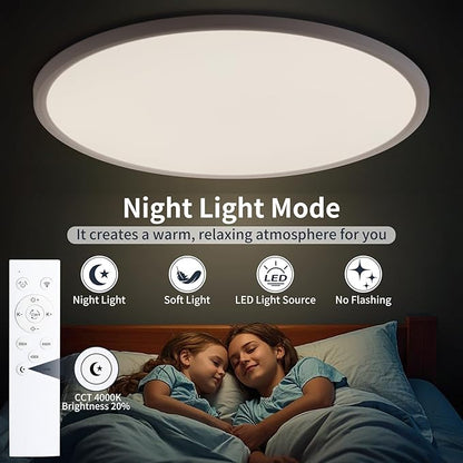 16 Inch Dimmable Ceiling Light Flush Mount 36W Remote Control LED Fixture 3600LM 3000K-6500K Adjustable Round Bright Lamp for Bedroom Kitchen Living Room Dining Bathroom White