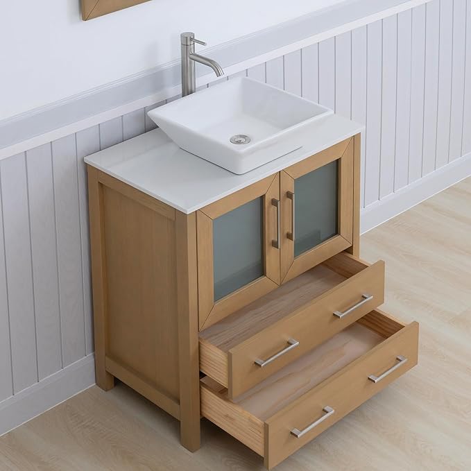 Vanity Art 30 Inch Vessel Single Sink Bathroom Vanity Cabinet with 1 Mirror, Engineered Marble Top Bathroom Cabinet Compact Set with 2 Dovetail Drawers and Soft Closing Doors, VA3130-NO