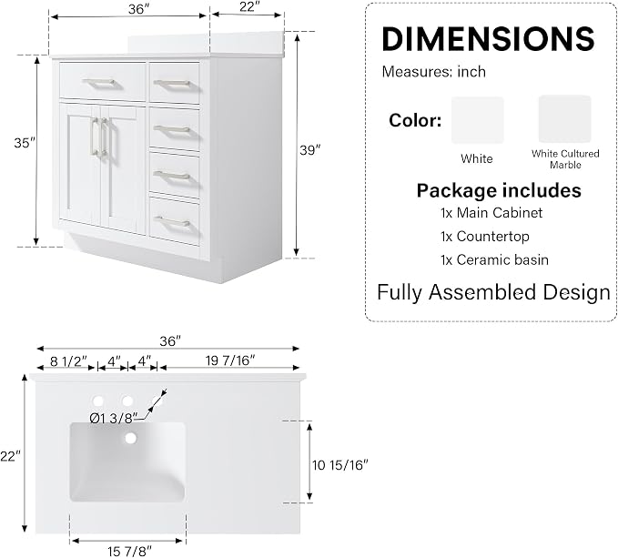 36-Inch Bathroom Vanity with Sink W/ 2 Doors & 4 Drawers & 1 Flip Drawer, White Vanity W/Brushed Nickel Handles