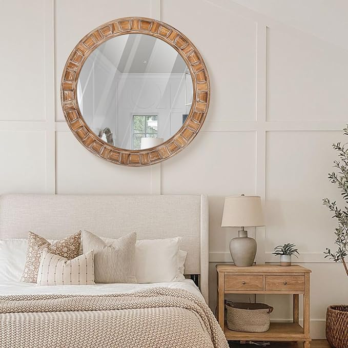 30 Inch Brown Solid Wood Round Wall Mirrors, Decorative Circle Mirror for Bathroom, Bedroom, Living Room, Hallway, Foyer, Entryway