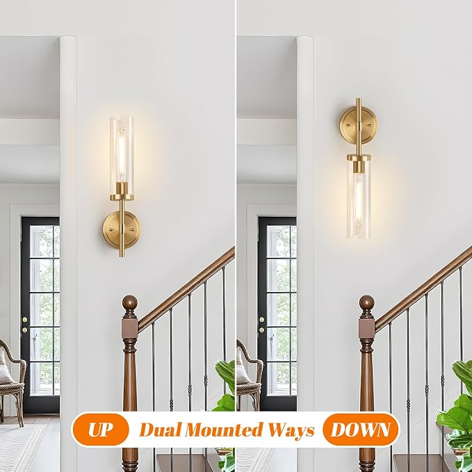[Hardwired] Wall Sconces Set of Two, Brushed Gold Bathroom Sconces with Clear Glass, Modern Wall Light Fixtures for Bathroom Mirror Vanity, Living Room, Bedroom, Hallway, Stairway, Cabinet, Foyer