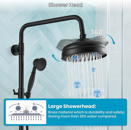 gotonovo Exposed Shower System Wall Mount,Matte Black,Metal Handheld | 8” Rain Shower Head Faucet Set Fixtures,2 Function,Two Cross Handle,Height Adjustable,for 5-6.7" Hole,Indoor Victorian Retro