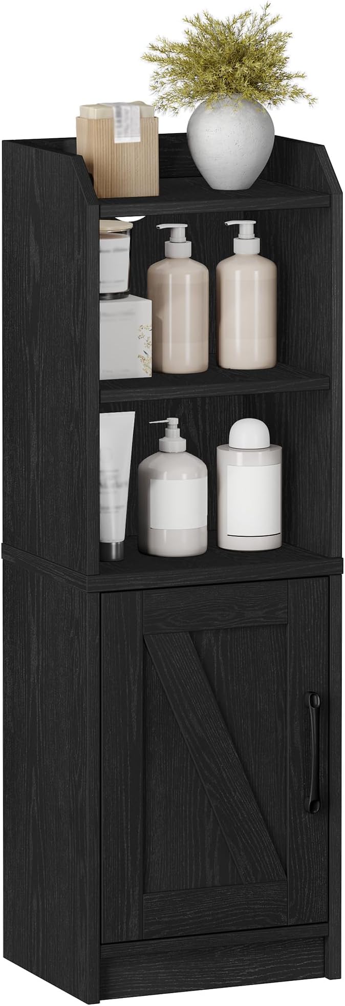 Bathroom Storage Cabinet, Small Farmhouse Corner Floor Cabinet with Door and Shelves, Narrow Toilet Paper Holder Stand, Bathroom Organizer with Adjustable Shelf, for Small Spaces, Black