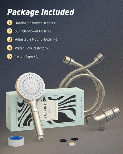 FASDUNT High Pressure Handheld Shower Head with Hose, Brushed Nickel | 80" Extra Long Stainless Steel Hose & Adjustable Bracket, Shower Heads with ON/OFF Switch for Pets Bath