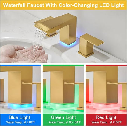 BESy Led 3 Hole Bathroom Sink Faucet, Brushed Gold Waterfall Wide Spread with 3 Colors Light Changing, Widespread Vanity Faucet 2 Handle with Supply Lines