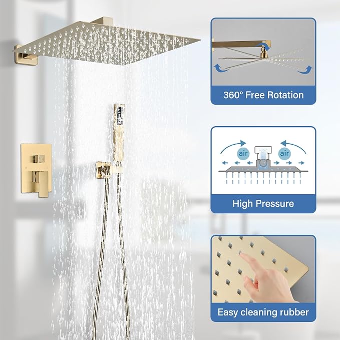 Shower Faucet Rain Shower System with 12 Inches Rainfall Shower Head and Handheld Spray Combo Bathroom Shower Faucet Set Complete Brushed Gold Shower Valve and Trim Kit Wall Mounted