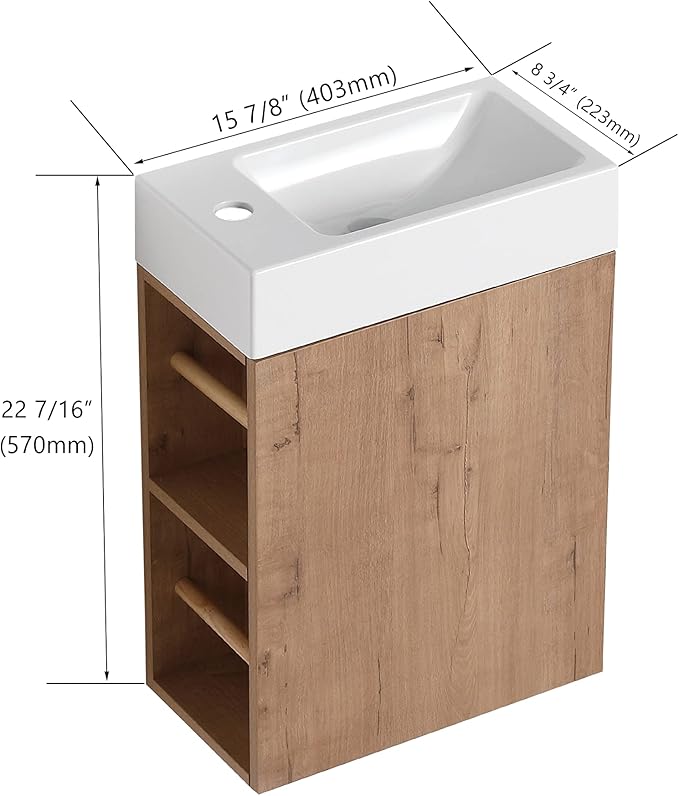 16 Inch Bathroom Vanity with White Sink Combo,Wall-Mounted Bathroom Vanity for Small Space,Modern Floating Bathroom Cabinet with Open Shelves,Brown
