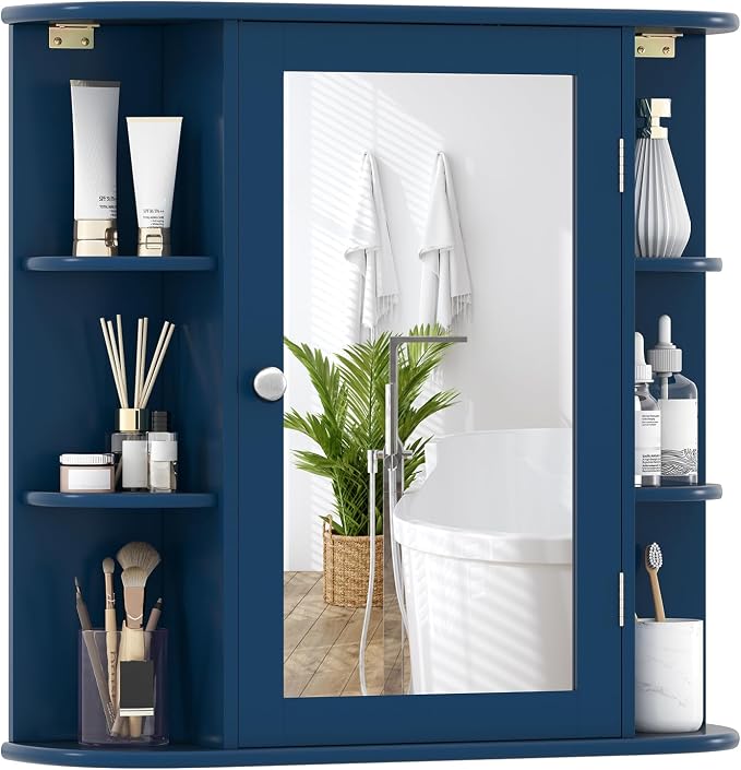 GIANTEX Bathroom Medicine Cabinet (Blue) | Wall Mounted Medicine Cabinet with Mirrored Door & 4 Interior Shelves, 6 Open Shelves, Space-saving Storage Cabinet