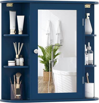 GIANTEX Bathroom Medicine Cabinet (Blue) | Wall Mounted Medicine Cabinet with Mirrored Door & 4 Interior Shelves, 6 Open Shelves, Space-saving Storage Cabinet