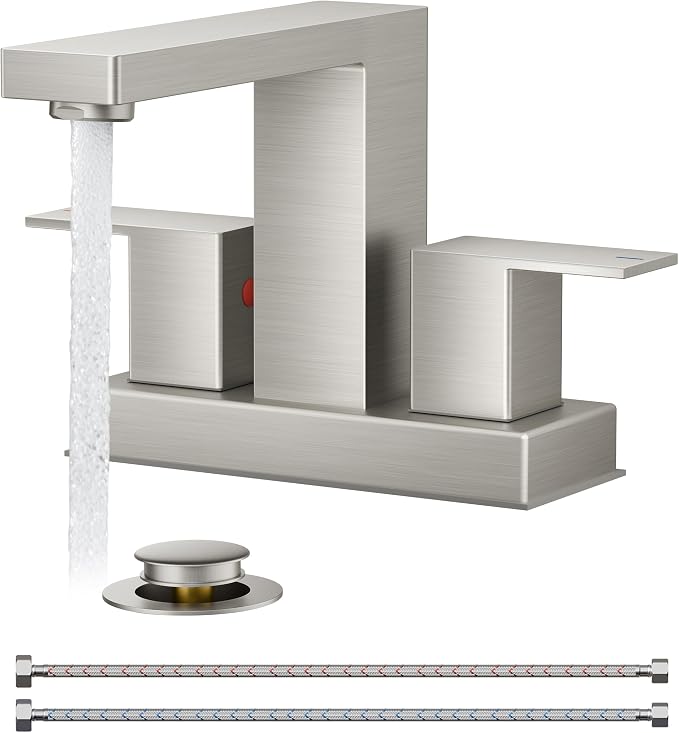 QFN 4 Inch Centerset Bathroom Faucet 2 or 3 Hole Two Handles Brushed Nickel | Bathroom Sink Faucet Square with Pop-up Drain and 24" cUPC Supply Lines, Lead-Free for RV Vanity Laundry Farmhouse Sink