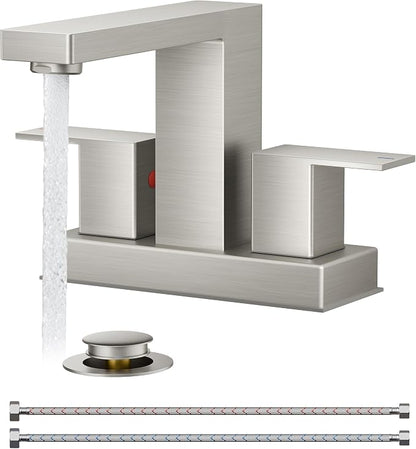 QFN 4 Inch Centerset Bathroom Faucet 2 or 3 Hole Two Handles Brushed Nickel | Bathroom Sink Faucet Square with Pop-up Drain and 24" cUPC Supply Lines, Lead-Free for RV Vanity Laundry Farmhouse Sink