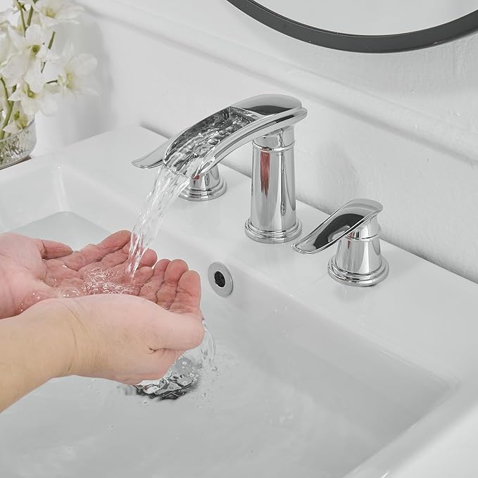 BWE Waterfall Bathroom Faucet, Chrome 8 Inch Widespread Bathroom Sink Faucet Two-Handle Waterfall, Metal Pop-up Drain Include, for Vanity, Lavatory Sink