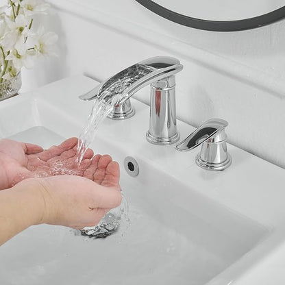 BWE Waterfall Bathroom Faucet, Chrome 8 Inch Widespread Bathroom Sink Faucet Two-Handle Waterfall, Metal Pop-up Drain Include, for Vanity, Lavatory Sink