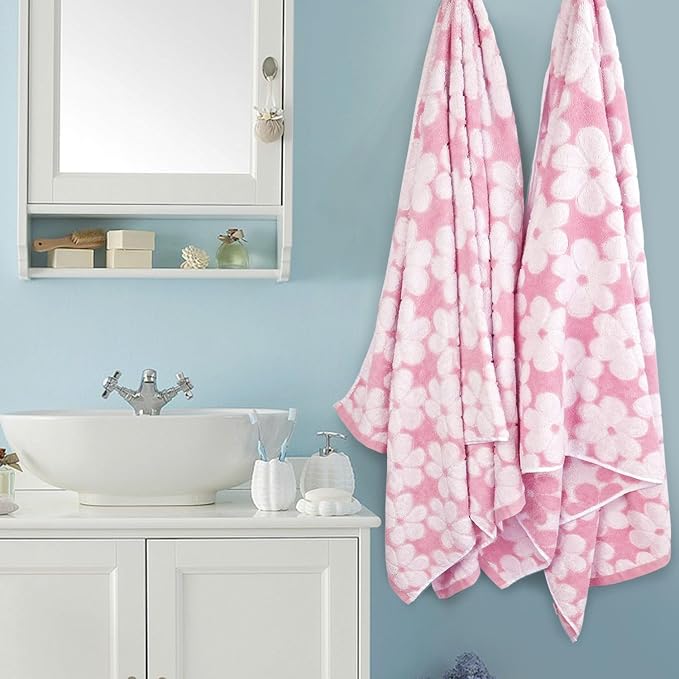 Pink Bath Towels Set of 2, Super Absorbent & Decorative 27.5x55 Inches | Cute Floral Jacquard Shower Towel for Bathroom Decor, Beach, Cotton