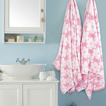 Pink Bath Towels Set of 2, Super Absorbent & Decorative 27.5x55 Inches | Cute Floral Jacquard Shower Towel for Bathroom Decor, Beach, Cotton