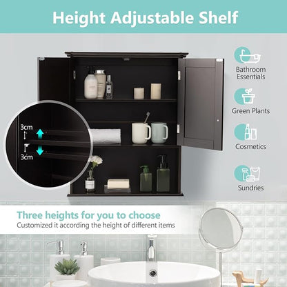 COSTWAY Wall Mounted Bathroom Cabinet, Over The Toilet Storage Cabinet w/Double Doors & Adjustable Shelf, Wood Hanging Medicine Cabinet for Living Room, Entryway, Kitchen (Brown) | Double Doors & Adjustable Shelf, Wood Hanging Medicine Cabinet for Livi...