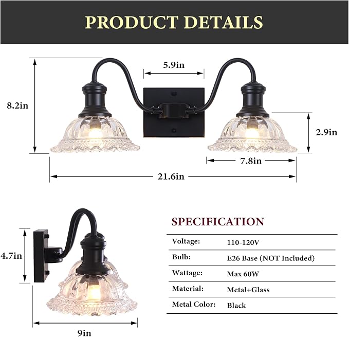 Farmhouse Vanity Lights, 2-Light Vanity Light with Clear Flower Glass Shade, Bathroom Lights Fixtures Over Mirror, Vintage Wall Sconce for Bathroom, Dressing Table