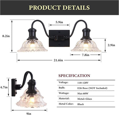 Farmhouse Vanity Lights, 2-Light Vanity Light with Clear Flower Glass Shade, Bathroom Lights Fixtures Over Mirror, Vintage Wall Sconce for Bathroom, Dressing Table
