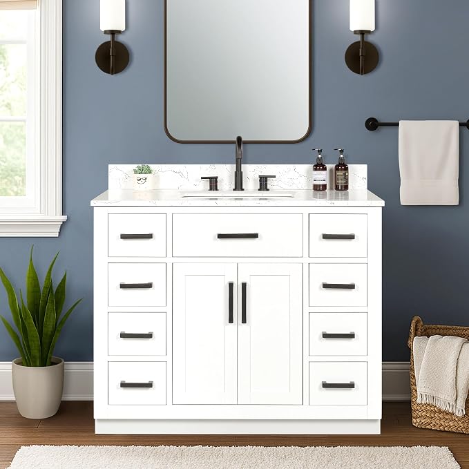 42-inch White Bathroom Vanity with Sink, Solid Wood, 0.79-inch Stone Countertop and Backsplash, 9 Drawers, 2 Soft Closing Doors