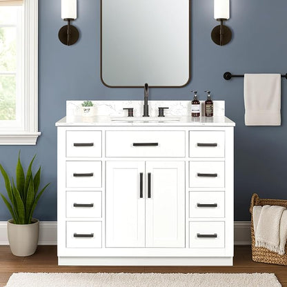 42-inch White Bathroom Vanity with Sink, Solid Wood, 0.79-inch Stone Countertop and Backsplash, 9 Drawers, 2 Soft Closing Doors