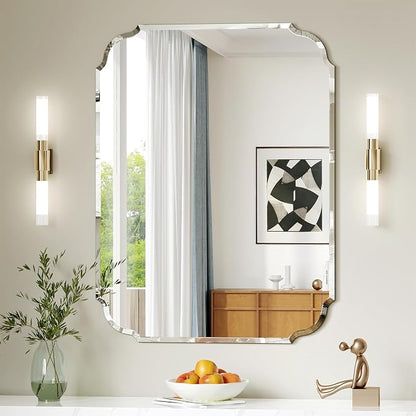 Beveled Frameless Bathroom Mirror with Scalloped Edges, 24" x 32" Rectangle Beveled Mirrors, Vanity Bathroom Mirror for Over Sink, Fireplace, Entryway, Restroom