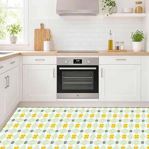 Yellow Flower Geometric Peel and Stick Floor Tiles 12x12 Inch 10PCS | Yellow flower and pale green geometric pattern vinyl floor stickers for kitchen bathroom entryway and indoor home decor