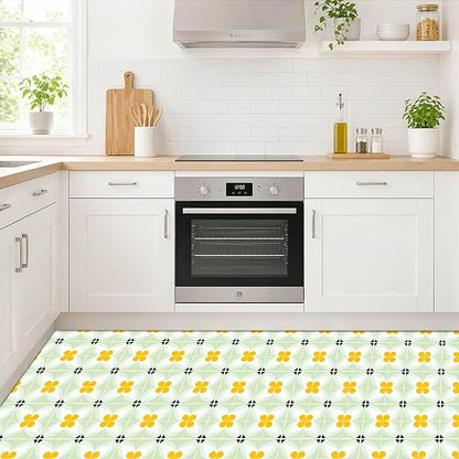 Yellow Flower Geometric Peel and Stick Floor Tiles 12x12 Inch 10PCS | Yellow flower and pale green geometric pattern vinyl floor stickers for kitchen bathroom entryway and indoor home decor