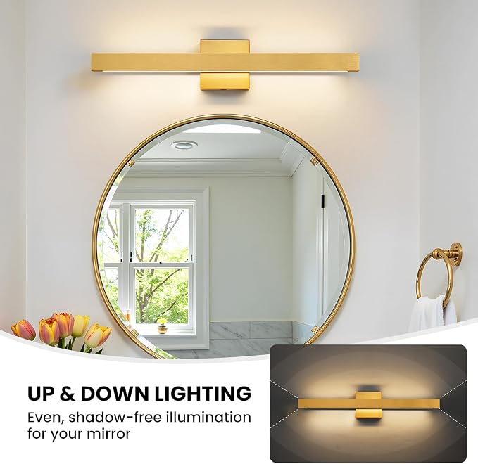 24 Inch Modern Vanity Light Gold Bathroom Light Fixture Over Mirror with Up & Down Lighting 20W Vanity Lighting Fixture Dimmable 5CCT LED Bar Vanity Light for Bathroom Restroom
