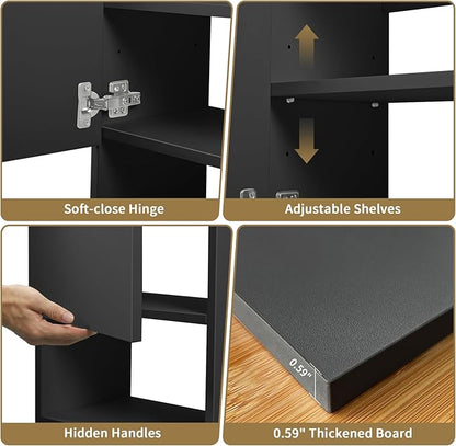 Wall Mounted Storage Cabinets with Lights, Over-The-Toilet Storage Vanity, Bathroom Medicine Organizer Adjustable Shelves Cabinet for Small Spaces (Black)