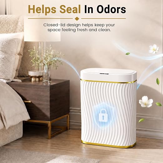 Bathroom Small Trash Can with Automatic Touchless Lid, 2.6 Gallon Smart Garbage Can Narrow Waterproof Trash Bin for Bedroom, Office, Living Room