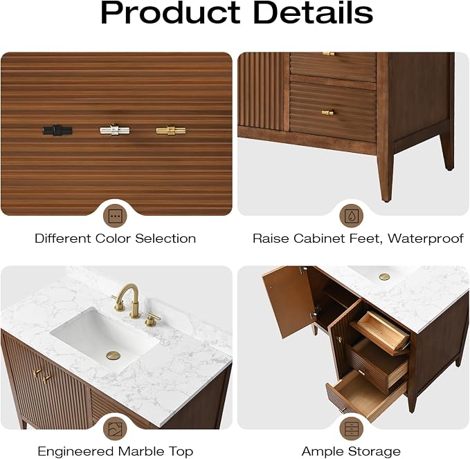 Vanity Art 42 inch Bathroom Vanity with Single Sink & Ceramic Top, Vanity Cabinet with Soft-Closing Door, Solid Wood Frame, Linear Pattern, Walnut, Golden Brushed Handware VA9142-Walnut-GB