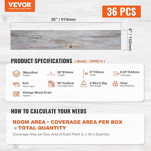 VEVOR Peel and Stick Floor Tile 36" x 6", 36 Tiles Self Adhesive Vinyl Floor, 0.62 mm Thick, Vintage Wood Grain DIY Flooring Tiles for Bedroom, Living Room, Bathroom (54 Sq.Ft/Box)
