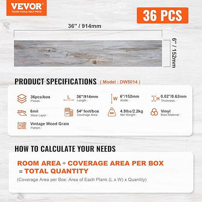VEVOR Peel and Stick Floor Tile 36" x 6", 36 Tiles Self Adhesive Vinyl Floor, 0.62 mm Thick, Vintage Wood Grain DIY Flooring Tiles for Bedroom, Living Room, Bathroom (54 Sq.Ft/Box)