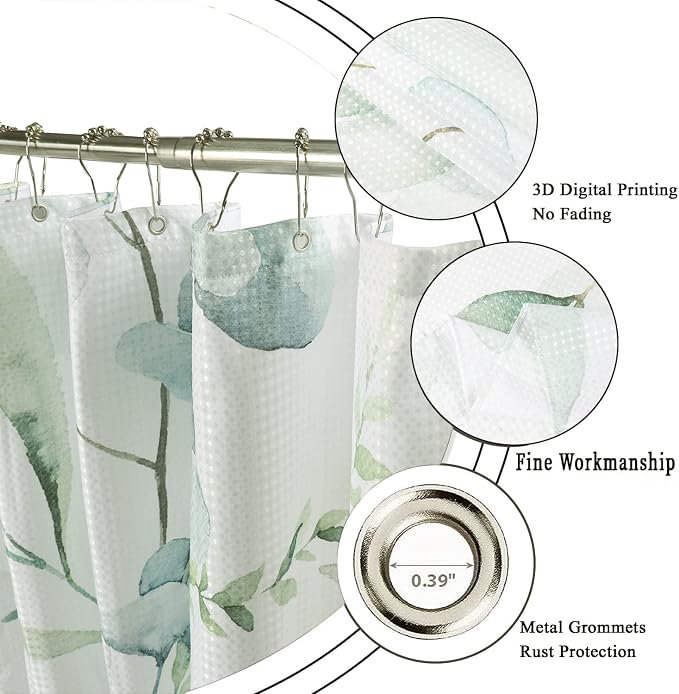Eucalyptus Leaf Waffle Shower Curtains, Weighted Bottom Sage Green Spring Watercolor Botanical Plants Textured Fabric Bathroom Curtain Bathtub Home Decor Waterproof Washable with Metal Hooks