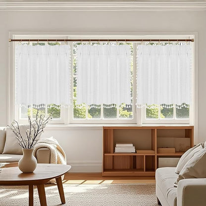 Seenus Boho Farmhouse Window Curtain with Tassels, 30 x 24 Inch Light Filtering Sheer Short Cafe Window Curtain Tier, White Linen Textured Pleated Small Window Drape for Kitchen or Bathroom, 1 Panel