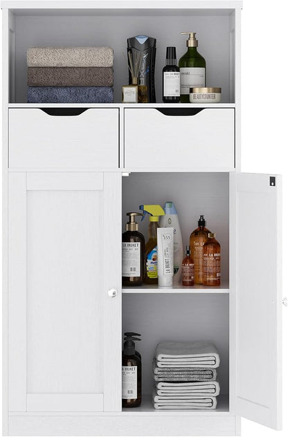 Walsunny Floor Storage Cabinet, Organizer with Doors and Drawers, Freestanding Side Cupboard Pantry with Adjustable Shelf for Bathroom/Living Room, White