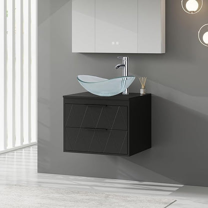eclife 24" Floating Bathroom Vanities with Sink Combo, Wall Mounted Modern Cabinet W/Diamond Line Pattern Design, Clear Boat Glass Vessel Sink W/Water Save Faucet & Pop Up Drain, Black