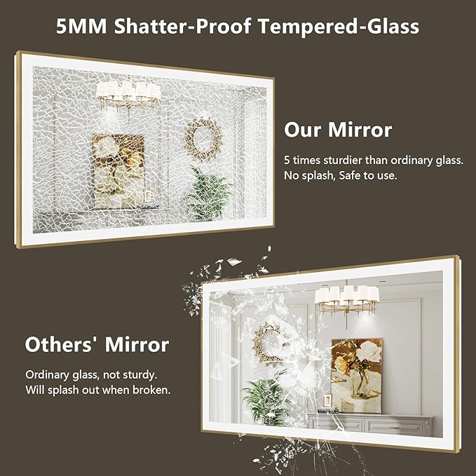 44x36 Inch LED Bathroom Mirror with Lights (Front Lit and Backlit) Gold Framed Lighted Vanity Mirror for Bathroom Wall Dimmable Anti-Fog Memory Tempered Glass Horizontal/Vertical