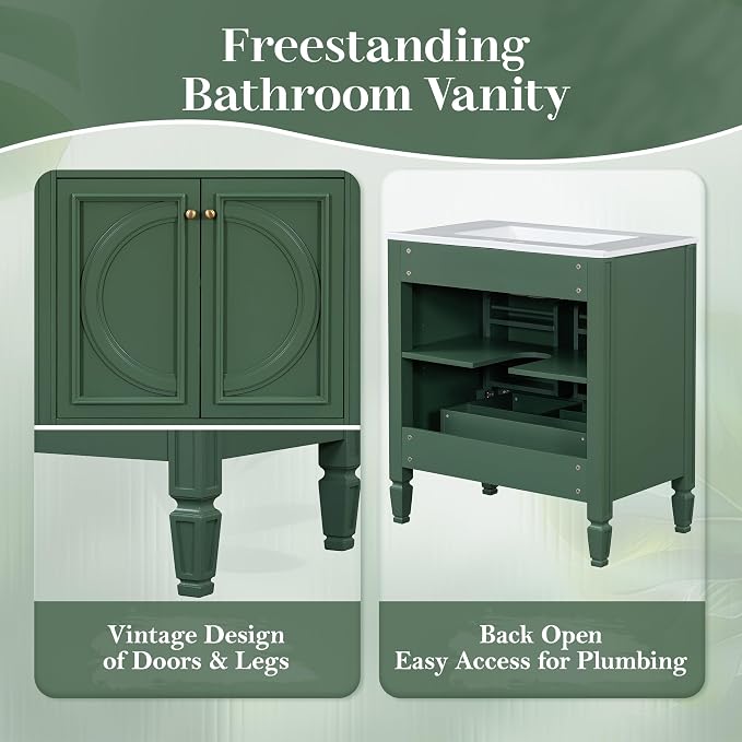 Christopher Knight Home Benton 30" Bathroom Vanity with Ceramic Sink, Wood Frame, Adjustable Shelves, Soft Close Door Hinges, Storage Cabinet with 2-Tier Door Organizer, 1 Drawer, Green