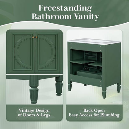 Christopher Knight Home Benton 30" Bathroom Vanity with Ceramic Sink, Wood Frame, Adjustable Shelves, Soft Close Door Hinges, Storage Cabinet with 2-Tier Door Organizer, 1 Drawer, Green