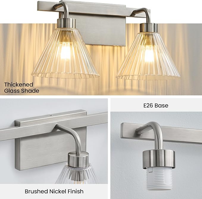 AIJIASI Modern Bathroom Light Fixtures 2-Light Brushed Nickel Vanity Lights for Bathroom with Ribbed Glass Shade 16 Inch Bathroom Lighting Fixtures Over Mirror Wall Sconce for Bedroom Living Room