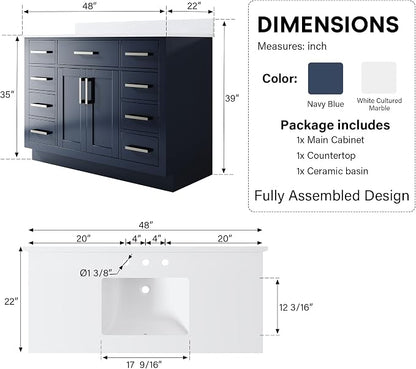48-Inch Bathroom Vanity with Sink W/ 2 Doors & 8 Drawers & 1 Flip Drawer, Navy Blue Vanity W/Brushed Nickel Handles